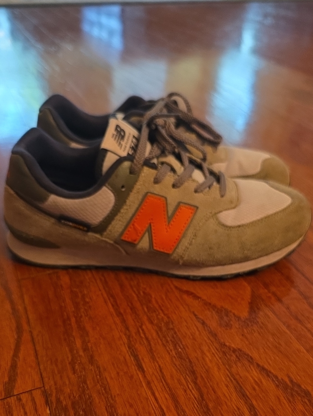 New Balance Kids Olive Green Suede Sneakers with Orange 'N'